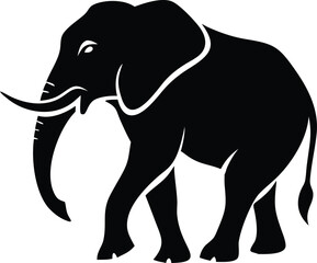 Silhouette of walking African elephant, with trunk down, on white background