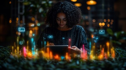 Focused young woman using tablet, illuminated by data visualizations