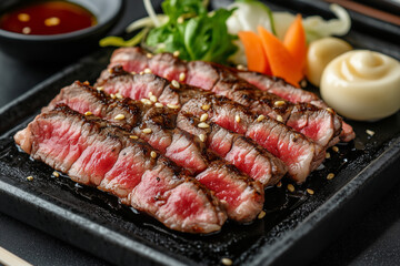 Japanese wagyu beef teppanyaki, featuring marbled steak slices searing on a hot iron plate with garlic chips,