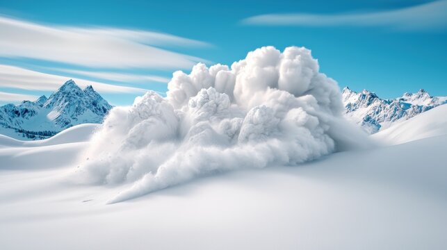 A dramatic snow avalanche cascades down a majestic mountainside under a bright blue sky, showcasing the power of nature in a serene winter landscape.