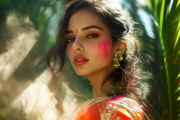 A celebrating Holi in an open field. The air is filled with clouds of colorful powders, and everyone is smiling, dancing, and throwing colors at each other


