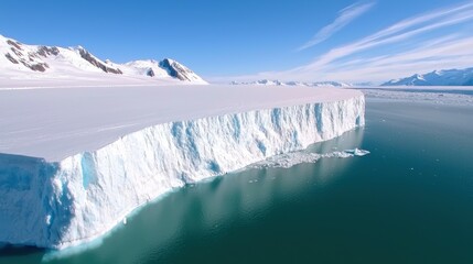 Fototapeta premium A stunning glacier meets a tranquil sea under a clear blue sky, showcasing the beauty of icy landscapes in a pristine environment.