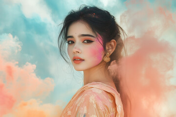 A celebrating Holi in an open field. The air is filled with clouds of colorful powders, and everyone is smiling, dancing, and throwing colors at each other

