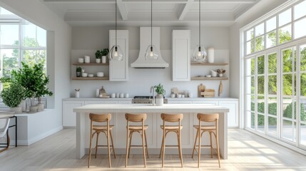 A Modern Kitchen Island with Bar Stools, Pendant Lighting, and Decor Items in a Clean, White-Themed Layou