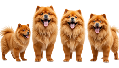Four chow chow dogs of varying sizes standing in a row against a black colored background