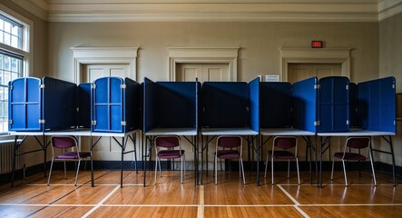 Voting station with multiple booths and privacy dividers in a community hall