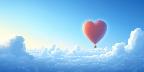 Fototapeta premium A heart shaped hot air balloon floats above fluffy white clouds