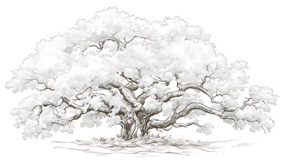 .Illustration of trees, leaves, grass and various botanical elements on a white background.