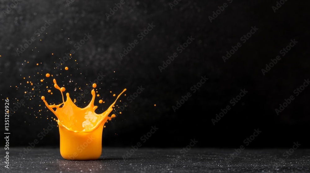 Fototapete bold orange paint splash suspended in mid-air against a black backdrop, showcasing dynamic droplets 