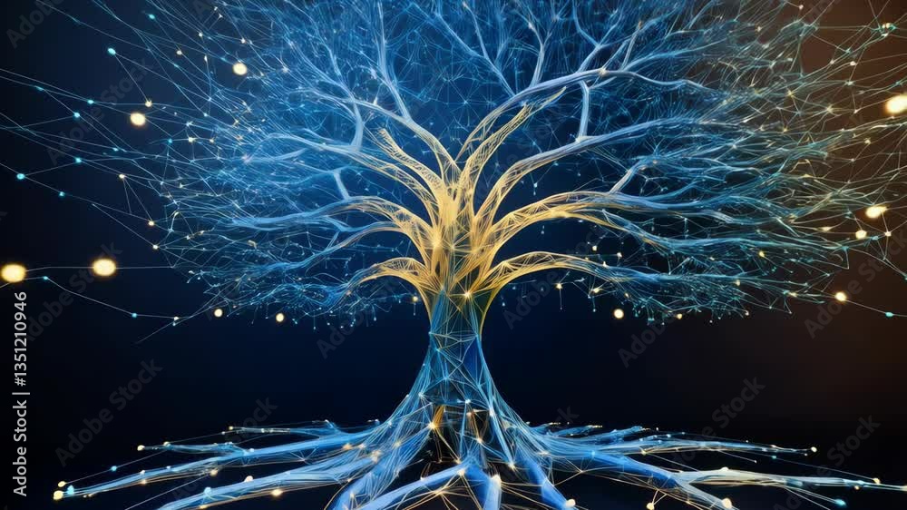 Poster a stylized tree composed of interconnected lines and nodes, resembling a neural network or data visu