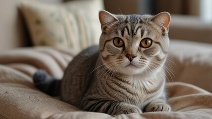 Cute scottish fold cat with beautiful eyes lying on textile sofa at home.