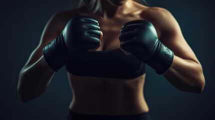 close-up of a strong female fighter's gloved hands, slightly clenched, veins visible