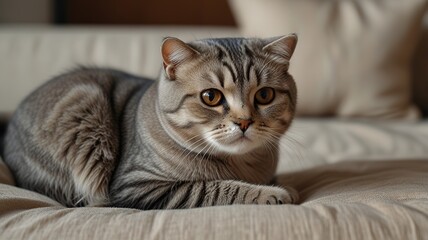 Cute scottish fold cat with beautiful eyes lying on textile sofa at home.