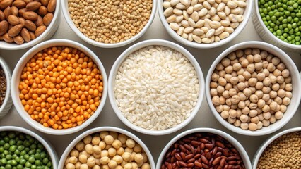 Fototapeta premium Healthy diet nutrition immune boost concept, Various types of seeds and legumes arranged in circular containers, showcasing a colorful assortment.
