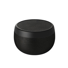  A black speaker with a circular shape, made of plastic material and a metal mesh texture, featuring a simple design style and a template background PNG
