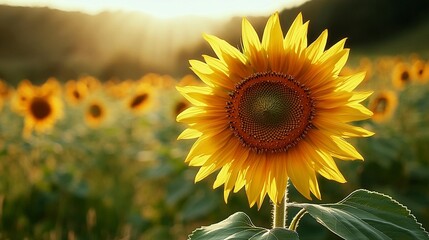 Obraz premium Vibrant sunflower in a field at sunset. (1)