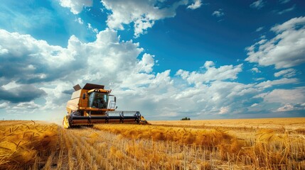 Obraz premium Combine Harvester Working in a Golden Field Under a Blue Sky