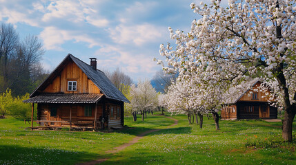 Obraz premium Quaint countryside village with wooden houses and blossoming apple trees