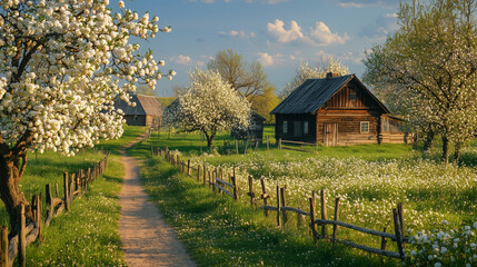 Quaint countryside village with wooden houses and blossoming apple trees