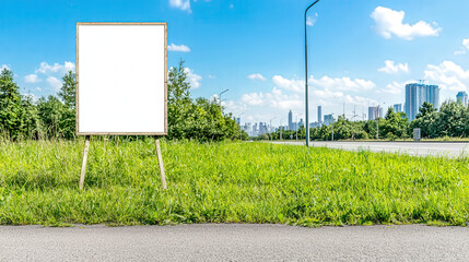 Large outdoor billboard mockup on a highway, clear bright sky, modern city advertising