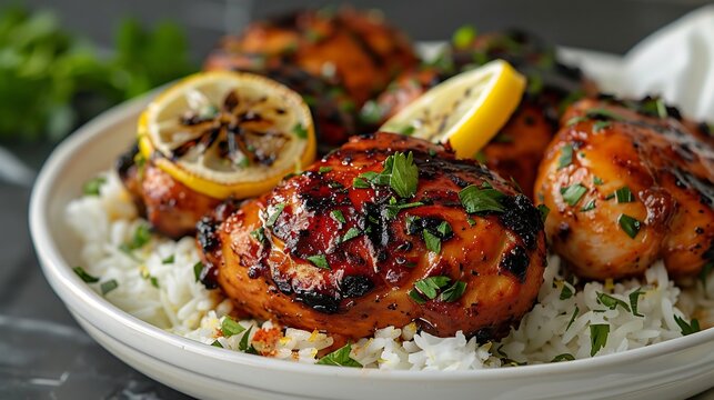 Senegalese yassa chicken rice lemony grilled chicken placed neatly on a white dish clean food styling