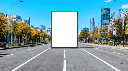 Urban city street with a large outdoor billboard, clear blue sky, modern advertising setup