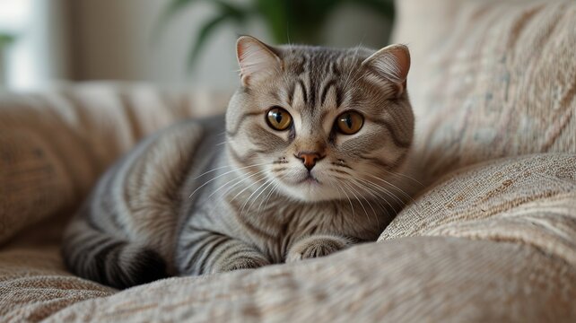 Cute scottish fold cat with beautiful eyes lying on textile sofa at home.