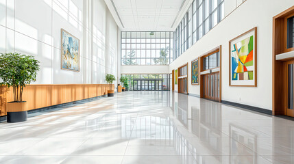 A sleek, modern courtroom interior featuring minimalist design elements, large glass walls allowing natural light to flood in, polished wooden accents