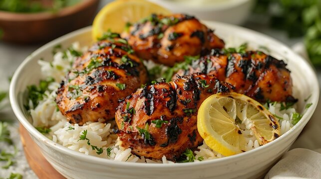 Senegalese yassa chicken rice lemony grilled chicken placed neatly on a white dish clean food styling