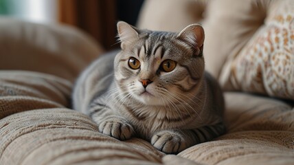 Cute scottish fold cat with beautiful eyes lying on textile sofa at home.