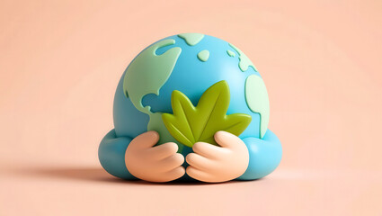 Low-carbon 3D concept. A cartoonish globe hugging a green leaf, symbolizing environmental care.