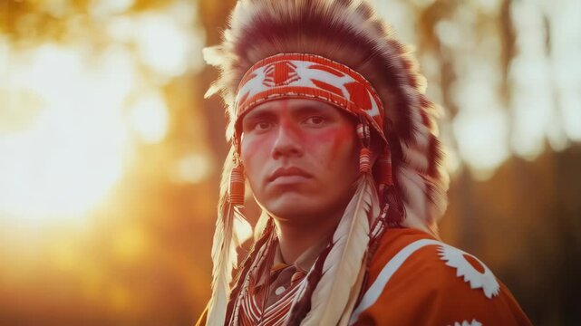 Young Native American warrior wearing a traditional feathered headdress