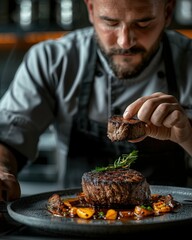 Culinary Art.Luxury Plating Craft.Gourmet Food Detail.Dramatic Chef Scene.Detailed Dish Work