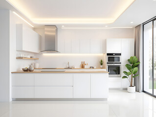 Fototapeta premium Simple home kitchen background, modern kitchen spacious dining room design scene illustration