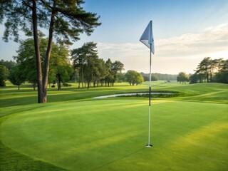 Fototapeta premium Golf hole with flag at beautiful green course nature landscape sunrise view ideal for golf lovers and enthusiasts