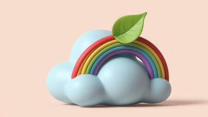 Low-carbon 3D concept. Colorful cloud with a rainbow and a green leaf on top.