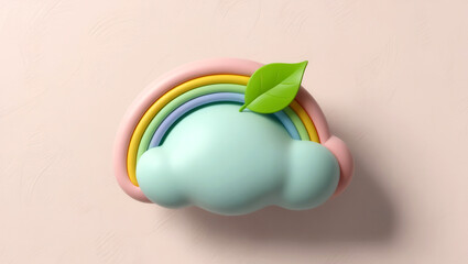 Low-carbon 3D concept. Colorful cloud and rainbow design with a green leaf accent.