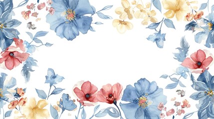 Watercolor Floral Frame with Blue, Red, and Yellow Flowers