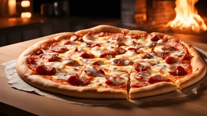 A delicious, cheesy sausage pizza sits a wooden table, a blurred brick oven background.