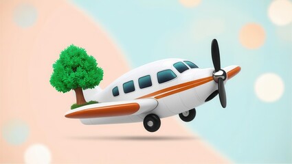 Fototapeta premium Low-carbon 3D concept. Whimsical airplane with a tree, set against a colorful background.