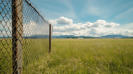 Airport perimeter fence, grassy field, mountains background, summer day, travel