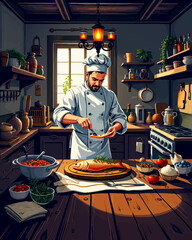 a man in a chef ' s uniform is preparing food on a wooden table