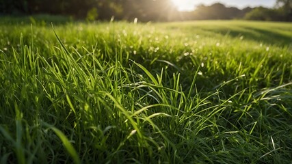 Obraz premium A lash green grassy field with an expansive view. The grass should appear thick healthy well maintained with vibrant shades of green. The light is natural highlighting the freshness of the grass.