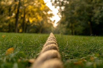 A team member pulls on a rope during an outdoor team-building activity, showcasing effort and cooperation on grassy terrain beneath blurred trees