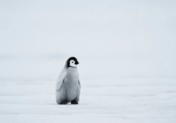 Fototapeta premium A fluffy emperor penguin chick stands on snowy ground in Antarctica. This adorable baby penguin showcases wildlife beauty in a cold, icy habitat, symbolizing nature, survival, and climate change.