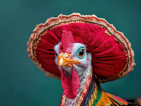 Cinco de Mayo Turkey Wearing Mariachi Mexican Outfit with Sombrero, Guitar in Festive Setting, Bright Vibrant Colors, Cultural Holiday Charm, Lively Party Atmosphere, Selective Focus