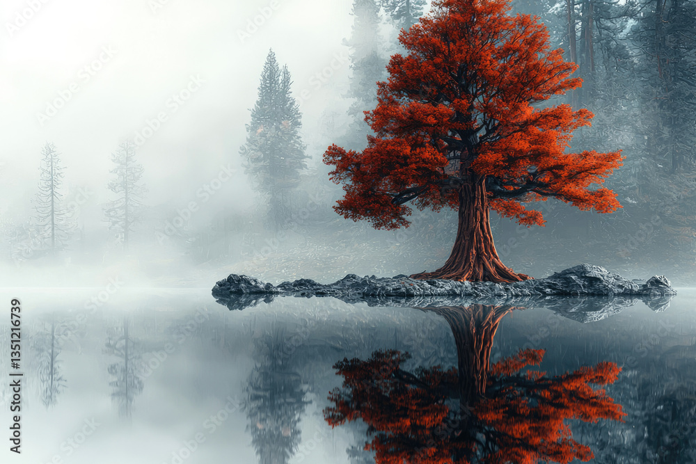 Poster a solitary, vibrant red tree stands on a misty lake's edge, its reflection mirroring the serene scen