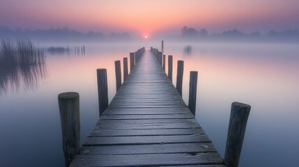 Fototapeta premium Misty Sunrise Wooden Pier Over Calm Lake; Peaceful Morning Scene; Outdoor Photography; Perfect for Backgrounds