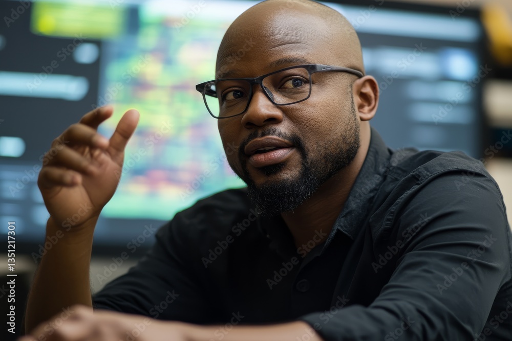 Poster it specialist seated at a modern desk gestures toward a holographic screen showcasing computer indus