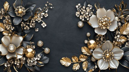 Fototapeta premium A 3D mural illustration with intricate golden jewelry and delicate flowers set against a dramatic black decorative wallpaper. The textured design adds 